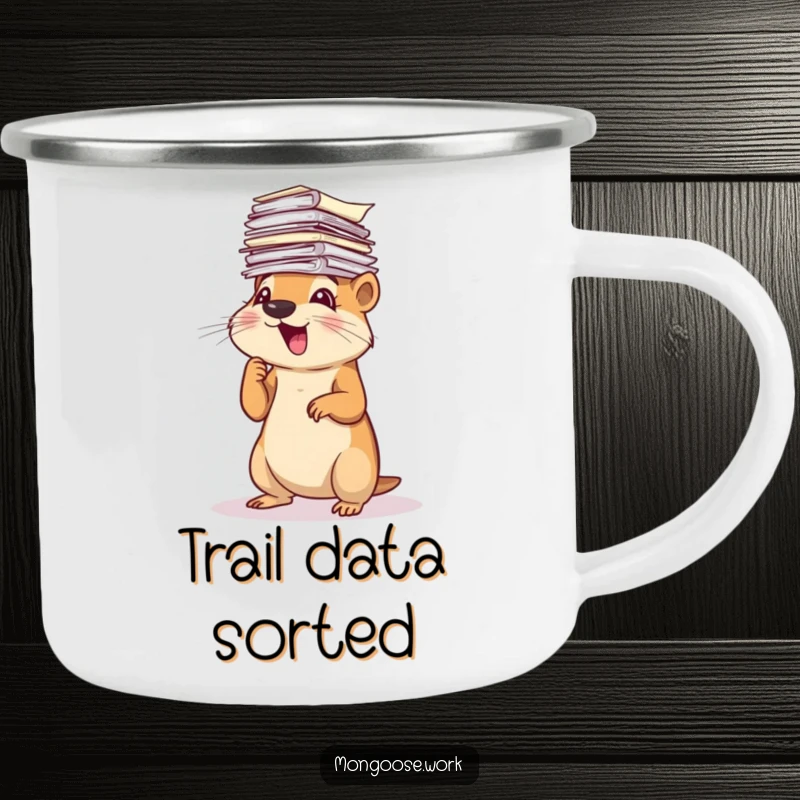 Funny Mongoose Camping Mug: A cheerful mongoose sorting a pile of papers under a starry sky, ready for adventure.