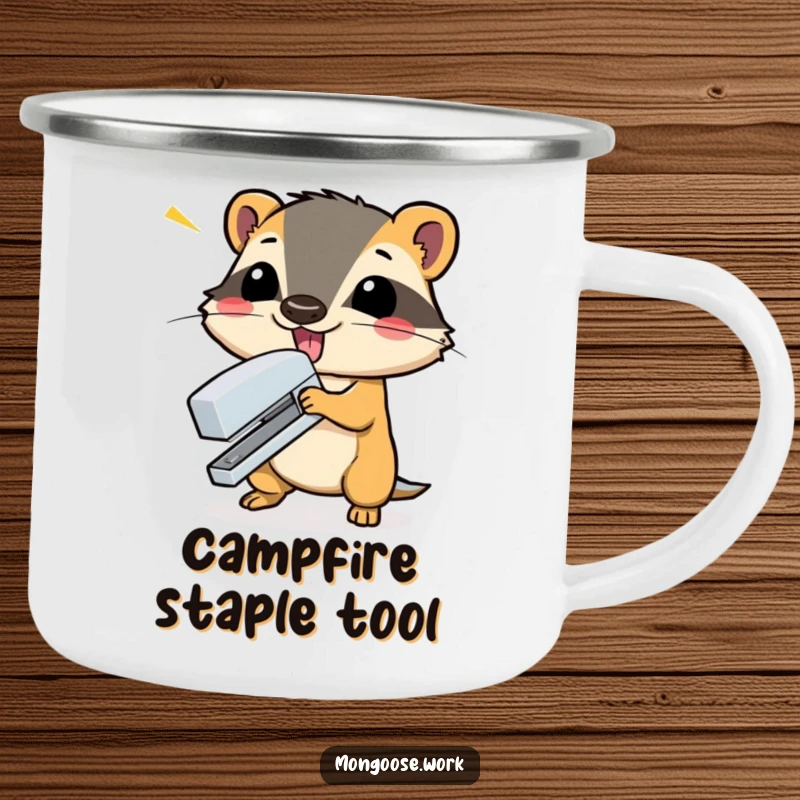 Funny mongoose dramatically slamming a stapler shut on a rugged camping mug, bringing humorous drama to outdoor coffee breaks.