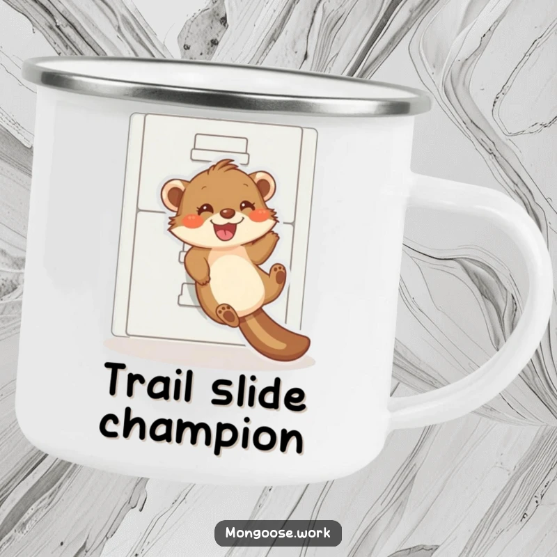 Funny mongoose camping mug, a joyous mongoose sliding down a filing cabinet, outdoor humor, adventure gift.