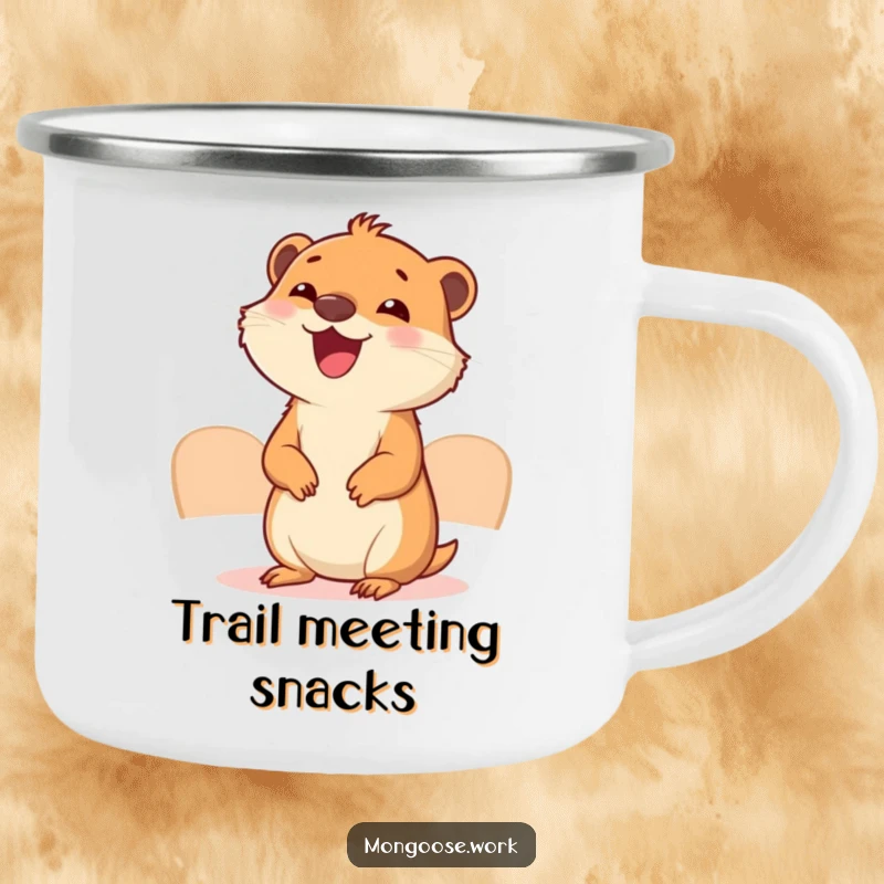 Funny Mongoose Meeting Camping Mug: A rugged mug with a cute mongoose enthusiastically leading a very small, joyful business meeting.