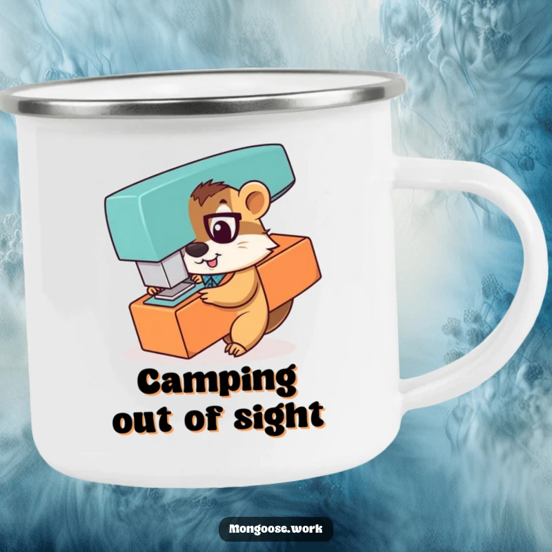 Funny camping mug showing a playful mongoose office worker peeking from behind a giant stapler, ready for outdoor mischief.