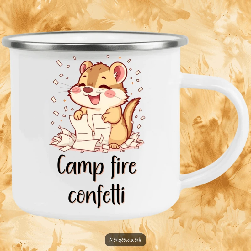 Funny Mongoose Shredding Camping Mug: A durable mug showing a mongoose happily shredding papers, perfect for outdoor enthusiasts who love humor.