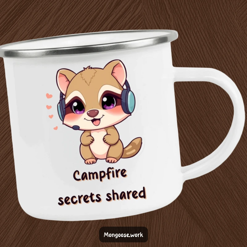 Funny Mongoose spy camping mug featuring a mischievous character in a headset, whispering secrets, perfect for outdoor missions.