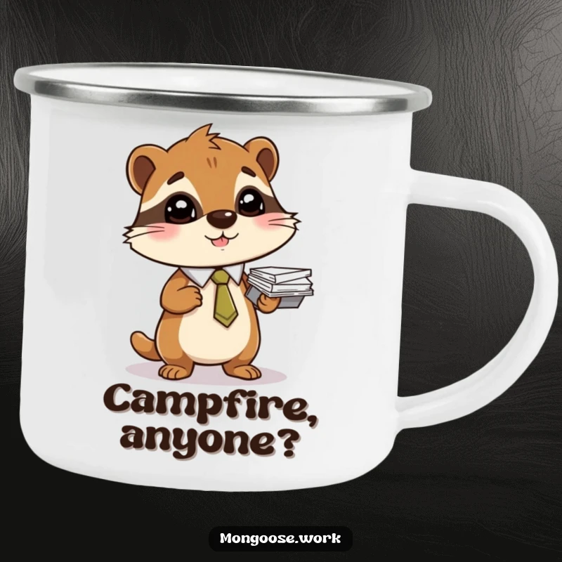 Funny camping mug featuring a mongoose in a tie balancing a stack of papers, for the organized adventurer.