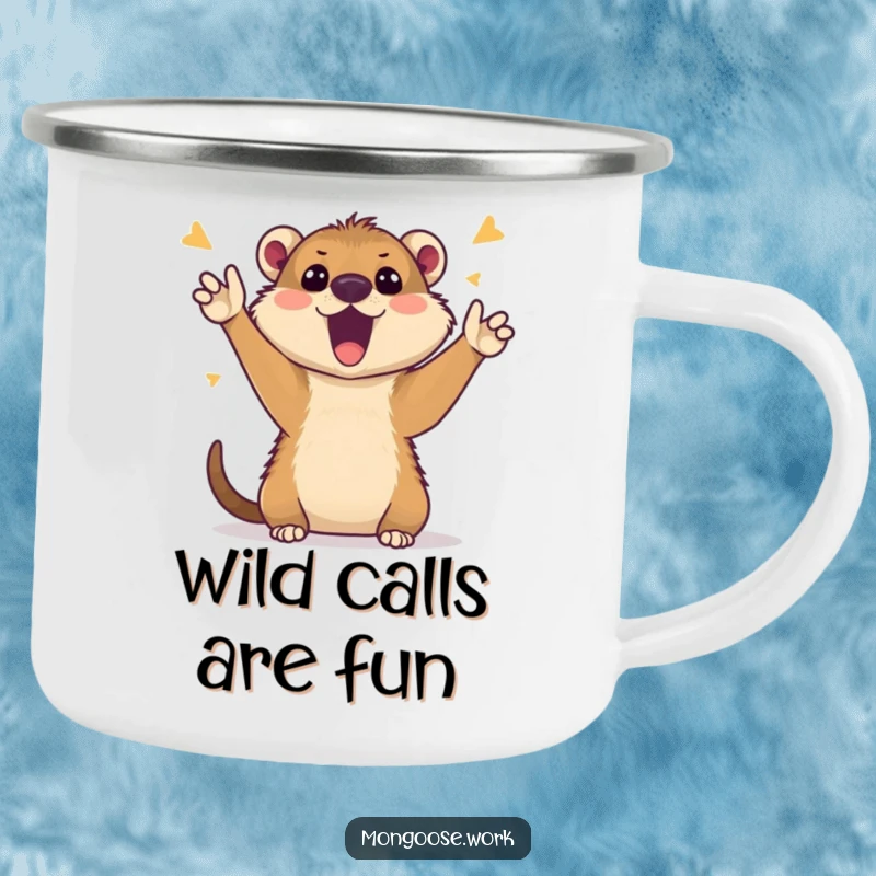 Funny Mongoose Camping Mug: Cheerful mongoose participating in a video call, durable and funny gift for campers and remote workers.