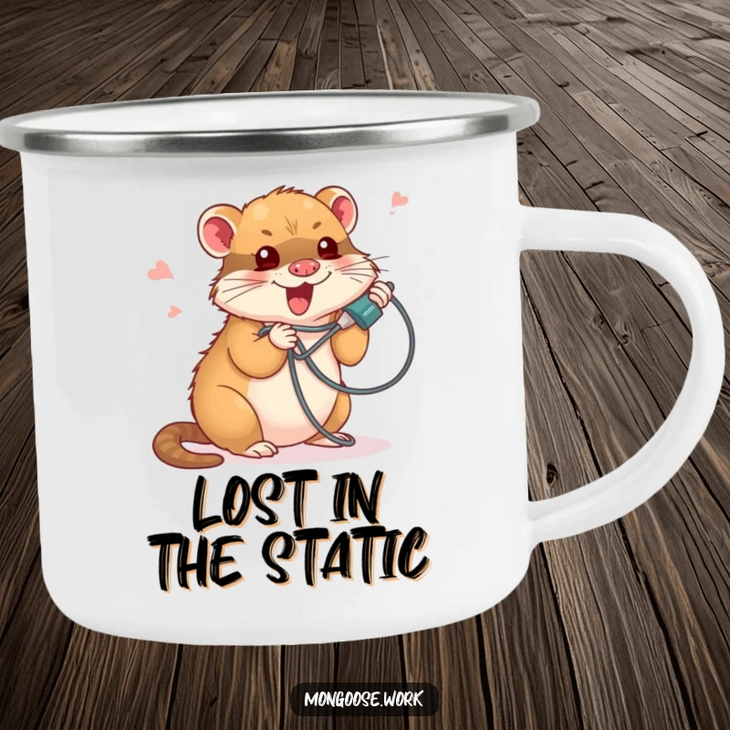 Funny camping mug with a cute mongoose comically tangled in a phone cord, embodying a humorous and relatable outdoor tech spirit.