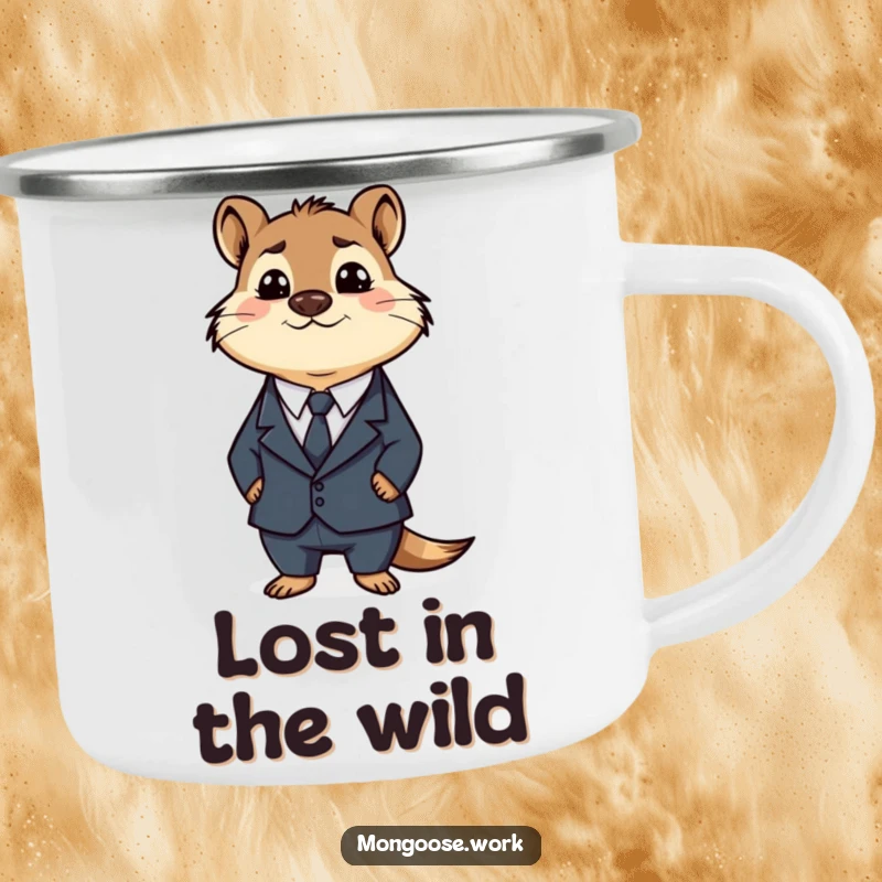 Funny Business Mongoose Camping Mug: A confused mongoose in a suit sits by a campfire, perfect for a humorous outdoor gift.