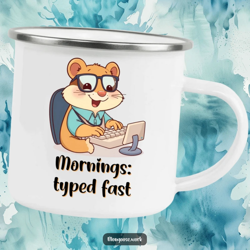 Funny camping mug featuring a giddy mongoose office worker typing rapidly on a miniature keyboard, exuding cheerful energy and a love for the outdoors.