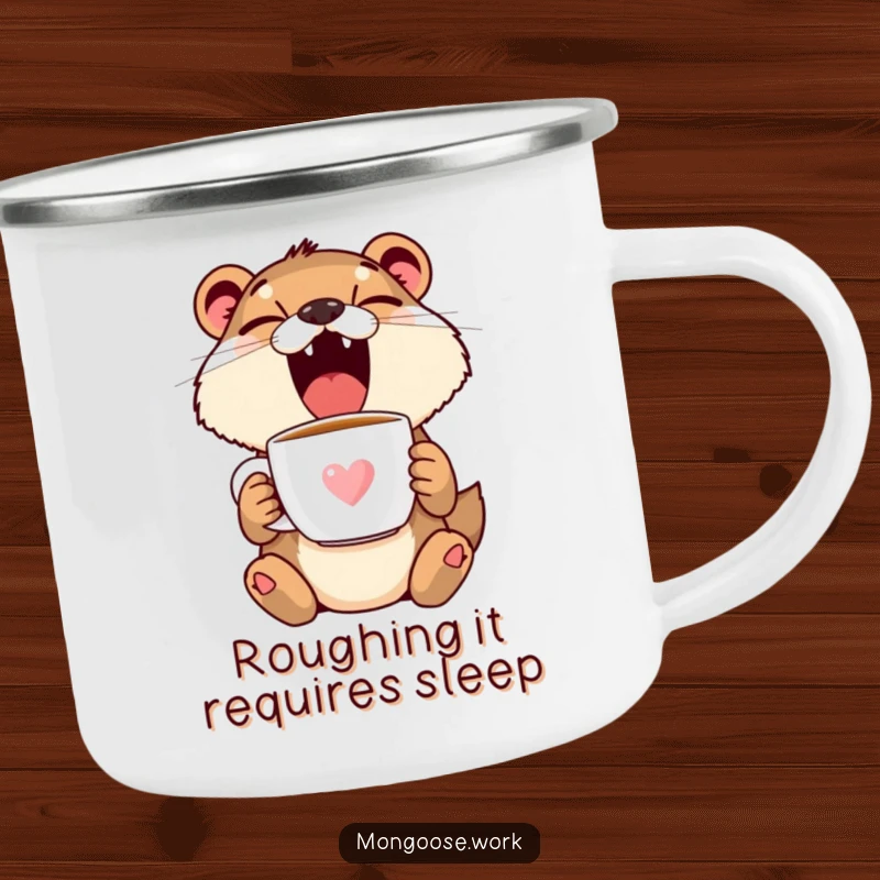 Funny Mongoose Yawning Camping Mug - Sturdy mug with a sleepy mongoose, ideal for outdoor adventures, funny gift.