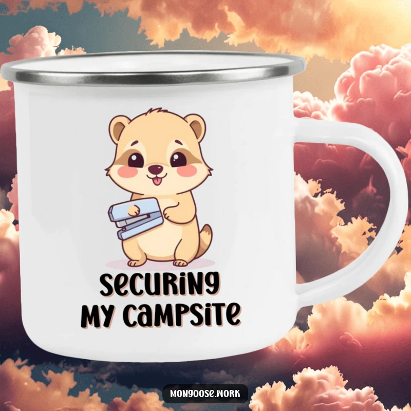 Funny camping mug with a cute mongoose character stapling paper, built for busy professionals who love the outdoors.