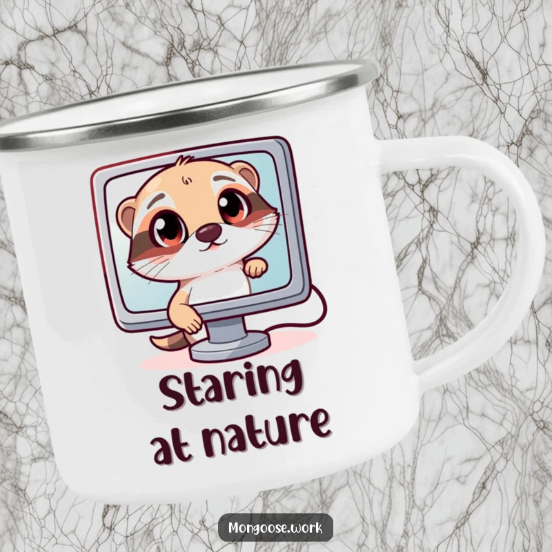 Funny Curious Mongoose Camping Mug: A mongoose gazes into a computer screen by a campfire, a humorous and durable gift for outdoor techies.