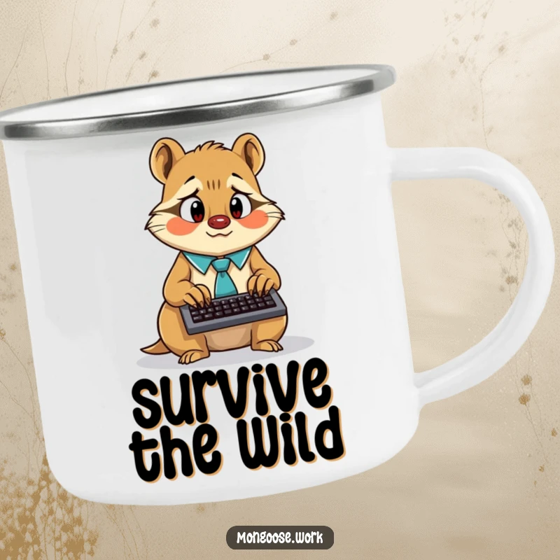 Funny surprised mongoose wearing a tie, frantically typing on a tiny keyboard, on a durable enamel camping mug.