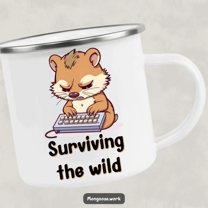 Funny camping mug featuring a stressed mongoose typing furiously on a tiny keyboard, for the busy adventurer.