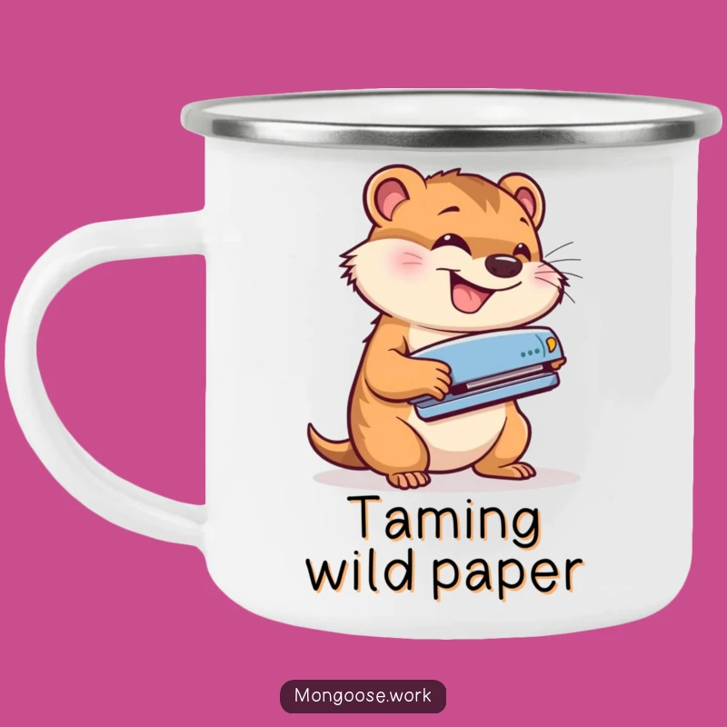 Funny Workday Warrior Camping Mug: Mongoose Stapler Outdoor Gift