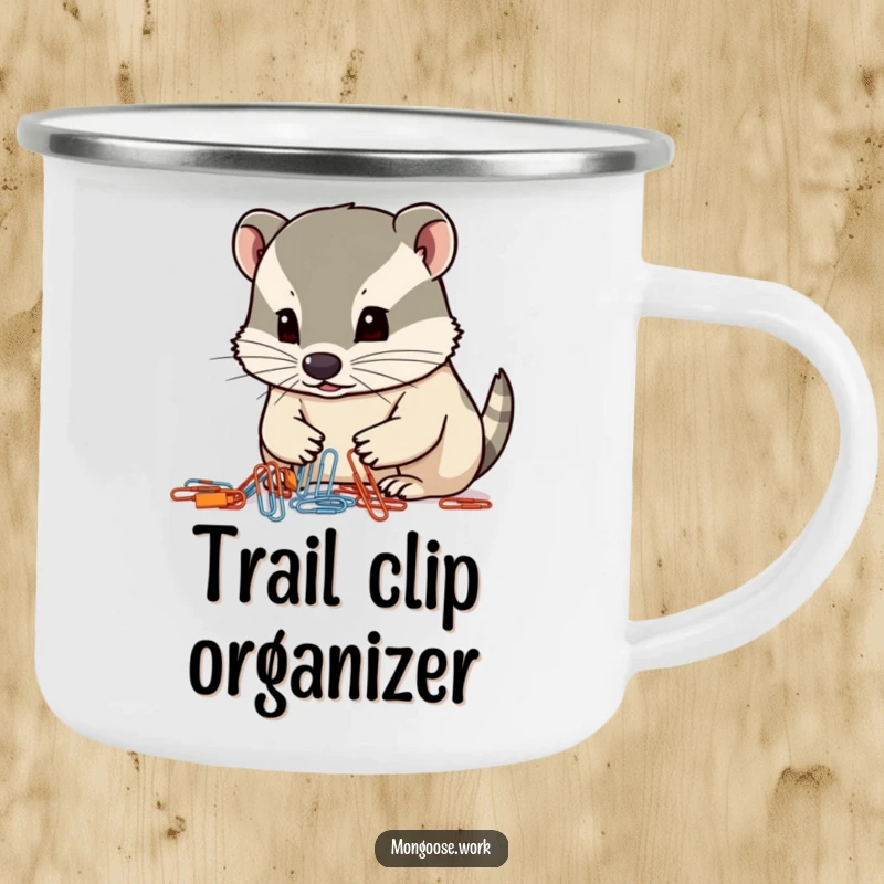 Funny mongoose camping mug, a focused mongoose organizing paperclips with its nose, camping humor, adventure.