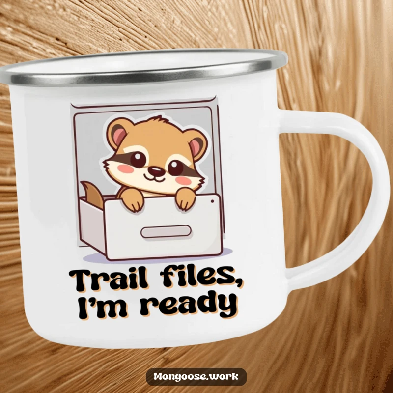 Funny Camping Mug featuring a playful cartoon mongoose peeking out of a filing cabinet drawer, perfect for outdoor fun and humor.