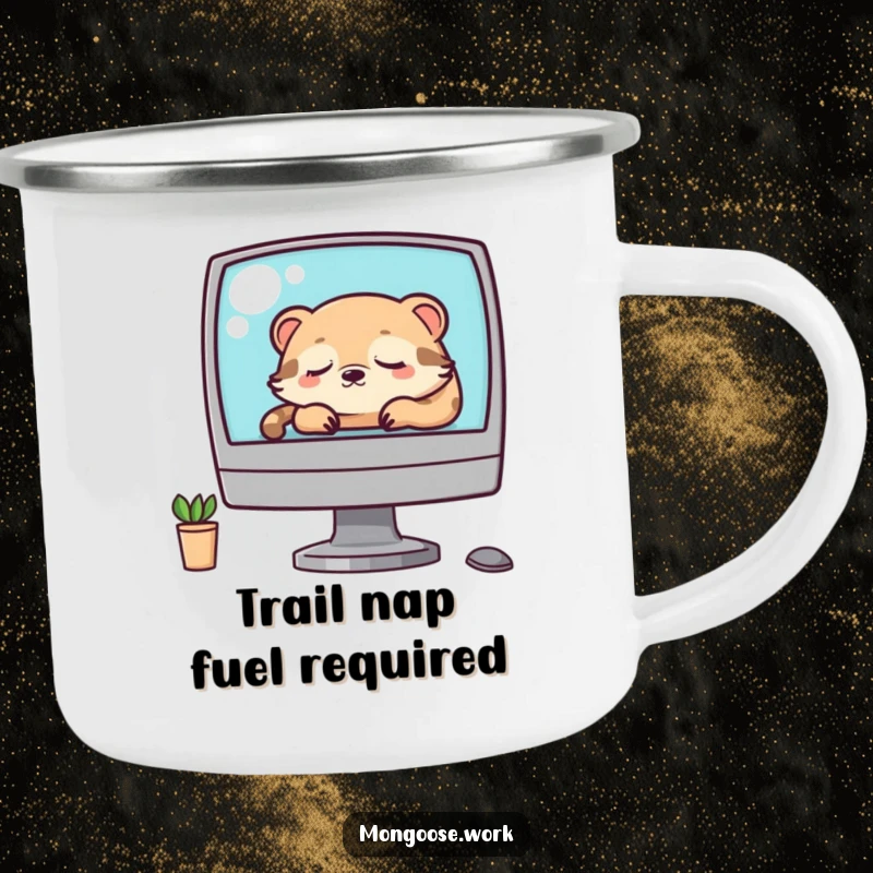 Funny Kawaii mongoose napping on a computer screen, designed for a durable camping mug, ideal for relaxing outdoor moments.