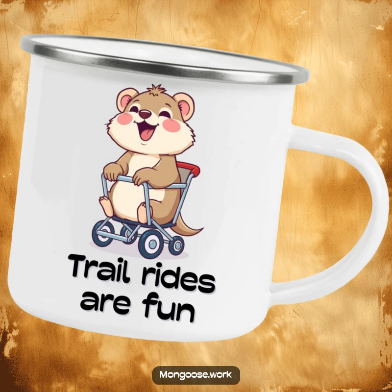 Funny mongoose camping mug, a joyful mongoose being pulled in a rolling chair, bringing whimsical humor to outdoor drinks.