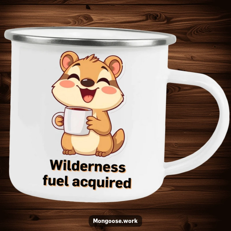 Funny Mongoose Camping Mug: A happy, smiling mongoose enjoying the outdoors, perfect for rugged adventurers.