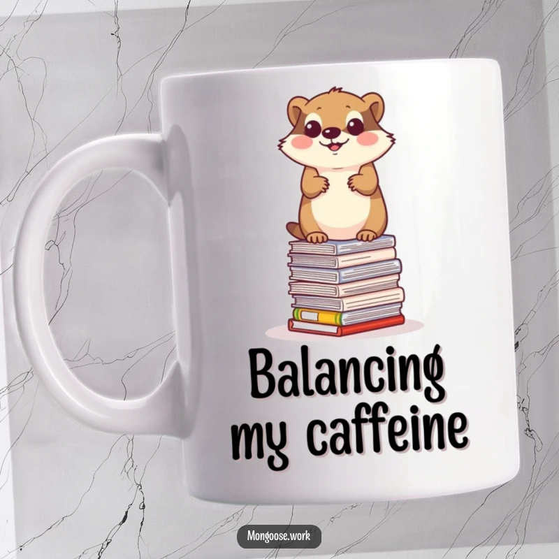 Funny mongoose mug, a determined mongoose precariously balancing on a tall stack of office papers, office challenge humor.