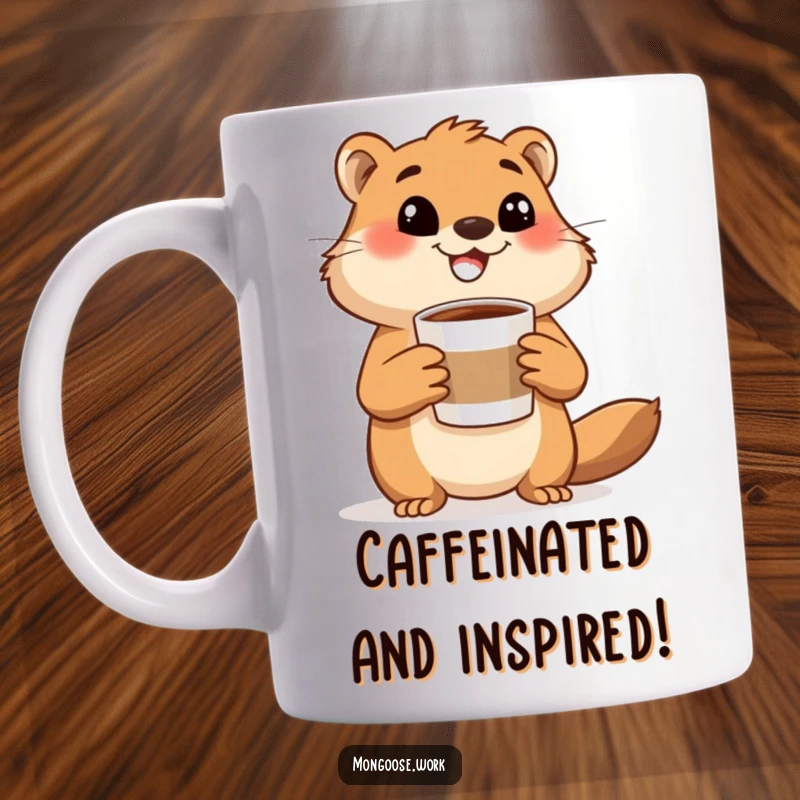 Funny mongoose mug, a happy mongoose holding a coffee cup and gesturing excitedly, embodying energy and a love for coffee.
