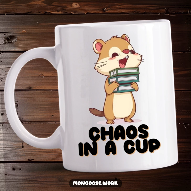 Funny Mongoose mug character precariously balancing a huge stack of files, embodying office overwhelm and busyness.