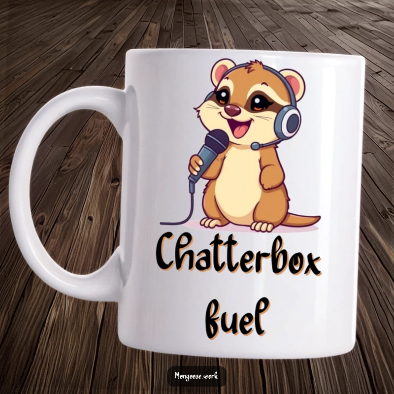 Funny Mongoose Mug: A happy mongoose wearing a headset, enthusiastically talking into a microphone, ready for action.