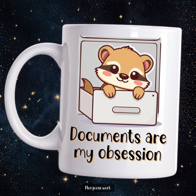 Funny Mug featuring a playful cartoon mongoose peeking mischievously out of an open filing cabinet drawer, adding office humor.