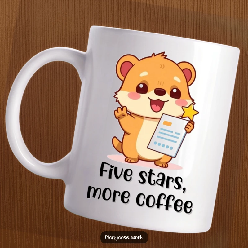 Funny Kawaii mongoose character happily giving a five-star rating to a report, expressing approval and achievement humor.