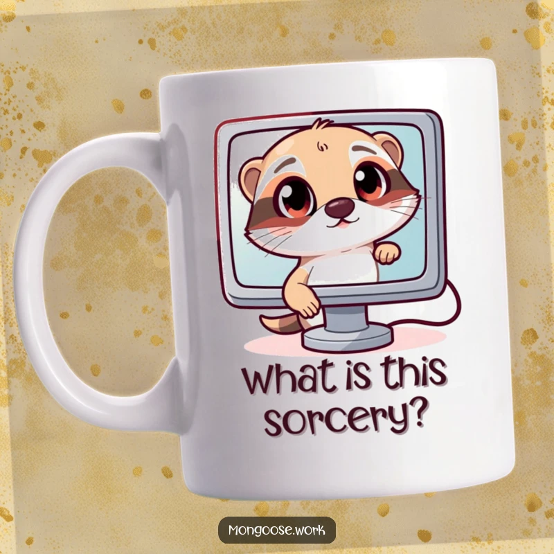 Funny Curious Mongoose Mug: A mongoose with wide eyes intently peering into a computer monitor, symbolizing tech obsession, a funny gift.