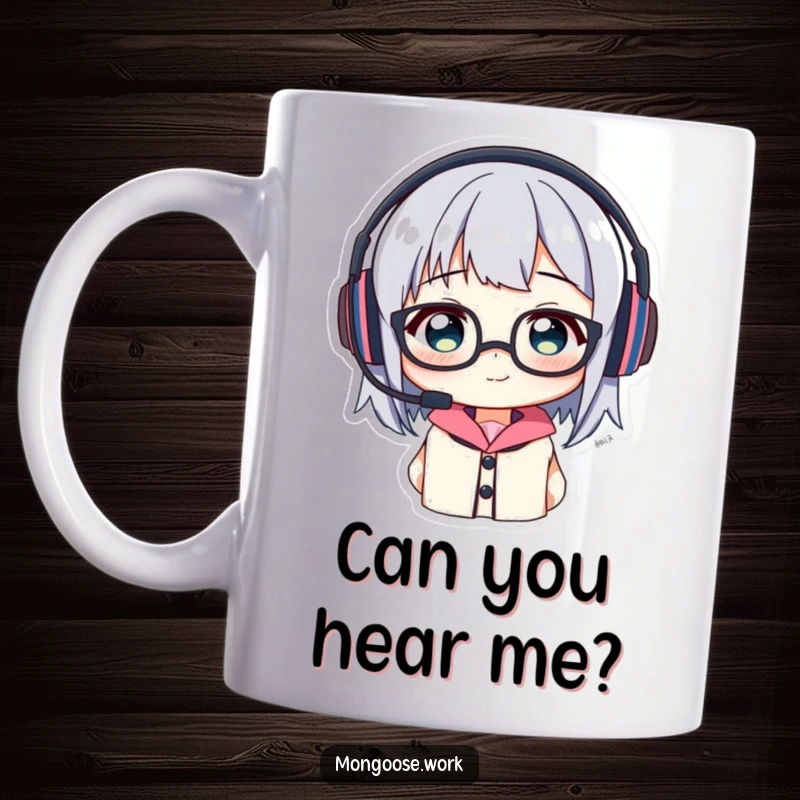 Funny Mug: Character comically tangled in a headset and glasses, representing tech fails and humor.