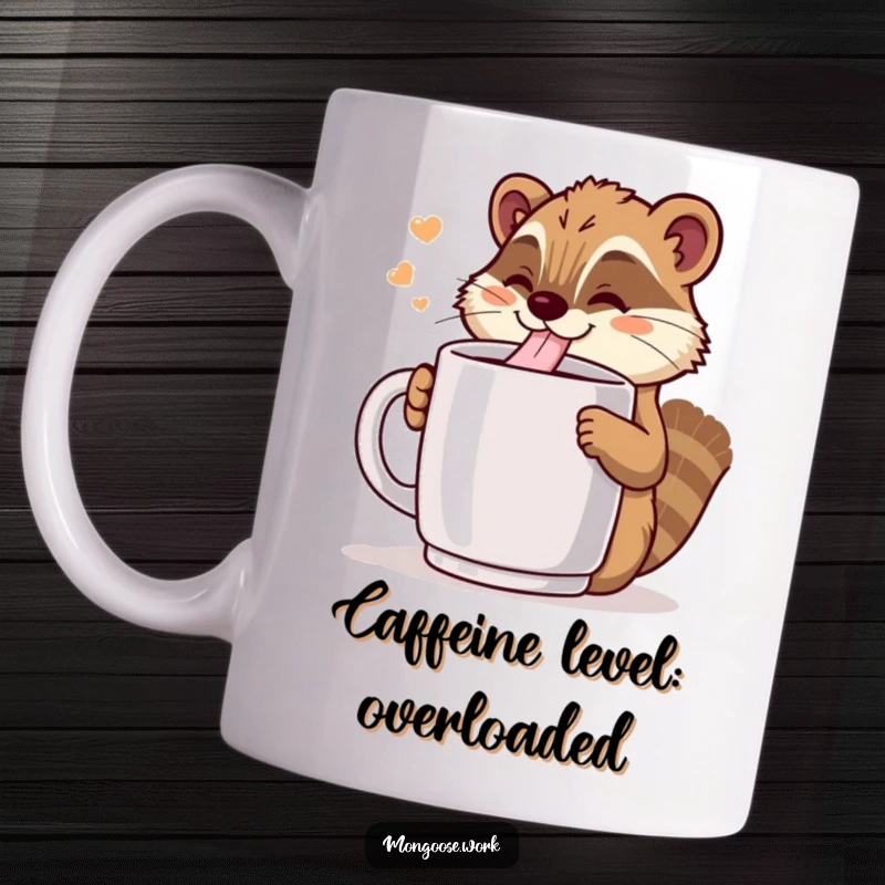 Funny Kawaii mongoose character gleefully drinking from a comically large coffee mug, embodying morning joy and caffeine happiness.