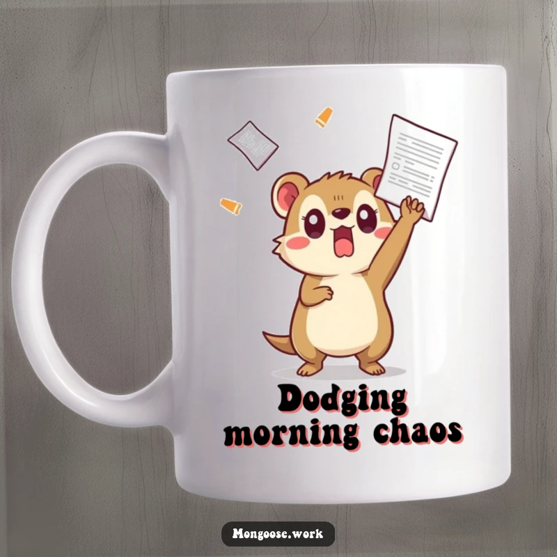 Funny Kawaii mongoose character surprised, comically dodging a flying document, perfect for relatable office humor and chaos.