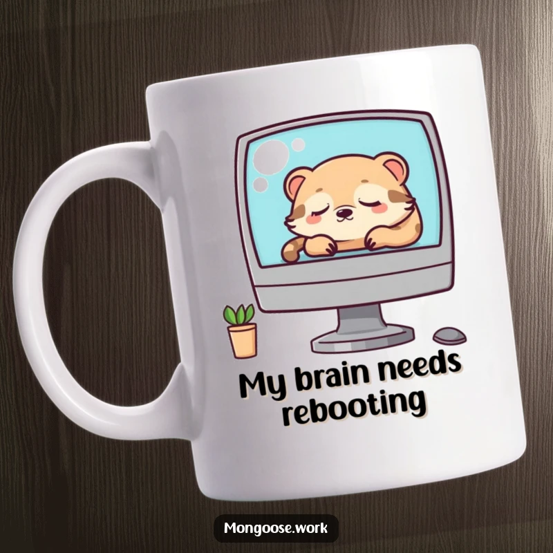 Funny Kawaii mongoose character peacefully napping on a glowing computer monitor screen, showcasing office exhaustion humor.