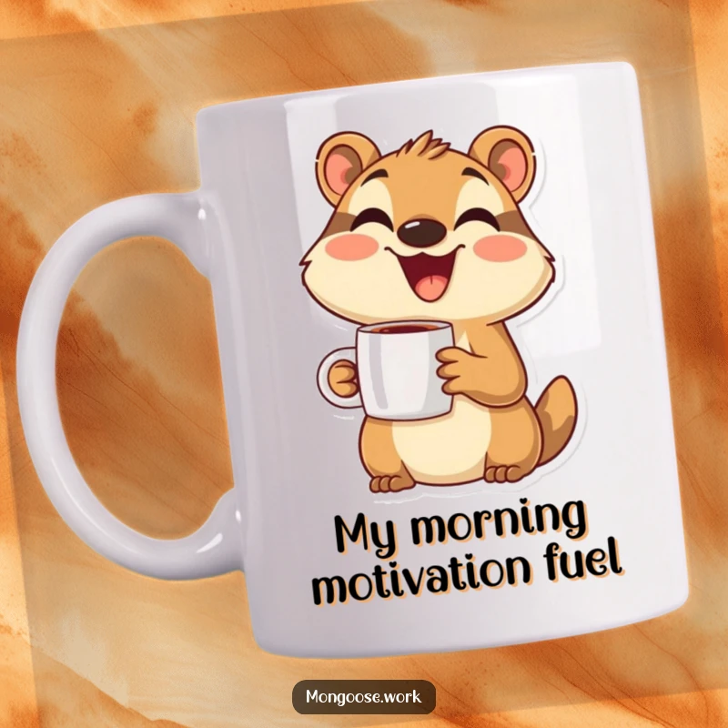 Funny Mongoose Mug: A joyful mongoose with a coffee cup, beaming with happiness, ready to start the day.