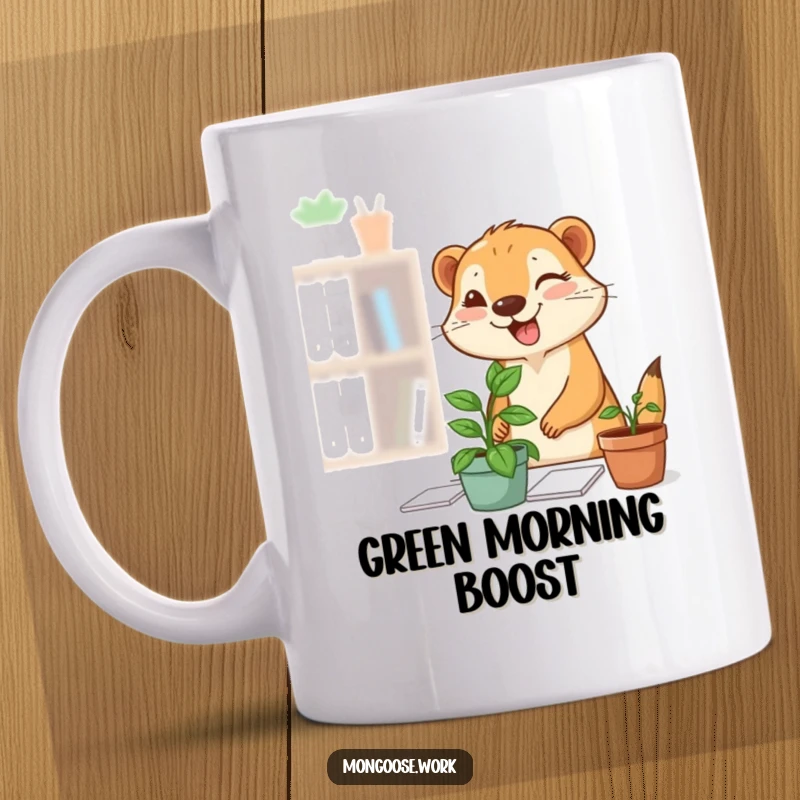 Funny Mongoose Desk Plant Mug: A cute mongoose is happily placing a small potted plant on a desk, giving a charming wink.