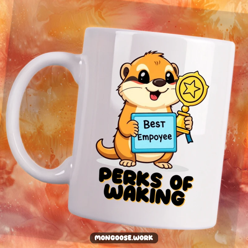 Funny Mongoose Mug, a proud mongoose holding a shiny 'Best Employee' award with a triumphant expression, ideal for workplace humor.