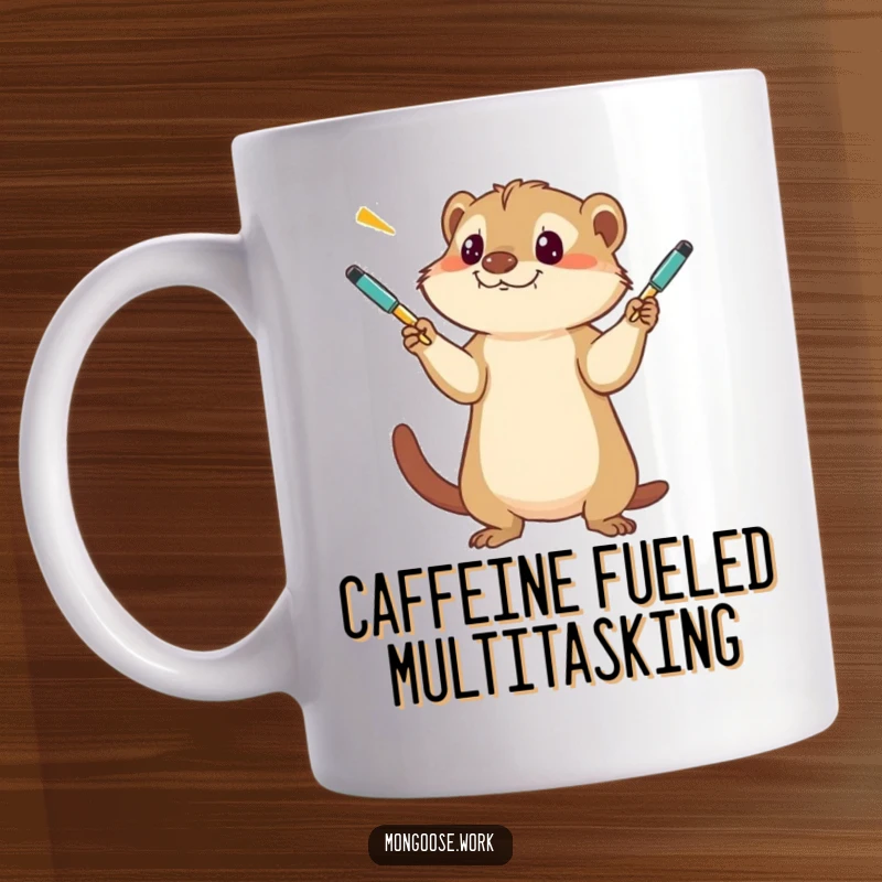 Funny Mongoose Mug, a determined creature comically juggling multiple pens with intense focus, ideal for office humor.