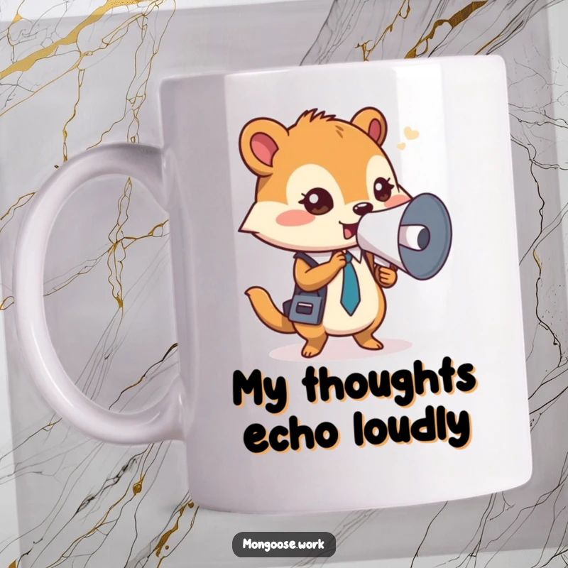 Funny Mongoose Mug, focused and using a rolled-up document as a megaphone, conveying a message with office humor and determination.