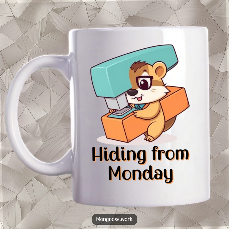Funny mug showing a playful mongoose office worker peeking out from behind a giant stapler, with a mischievous grin.