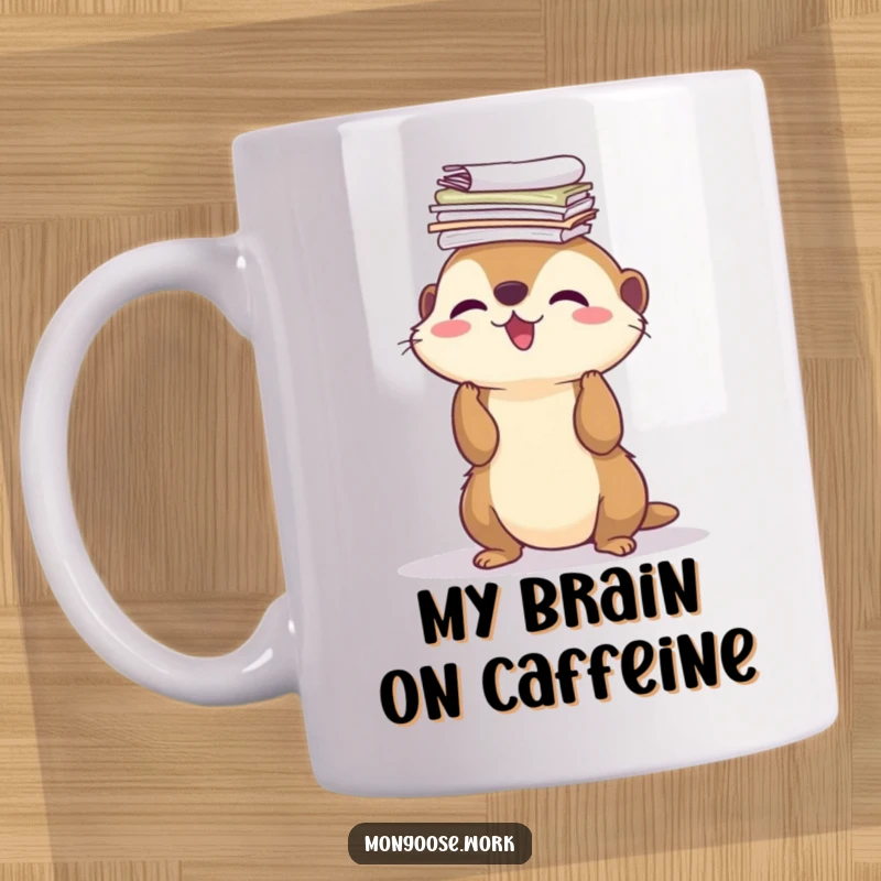 Funny Mug featuring a cute, smiling mongoose with a tall stack of papers perfectly balanced on its nose, looking proud.