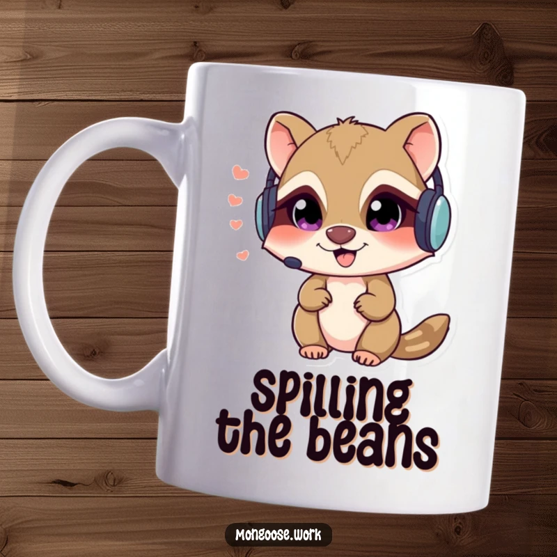 Funny Mongoose spy mug character wearing a headset and whispering secrets conspiratorially, perfect for lovers of intrigue.