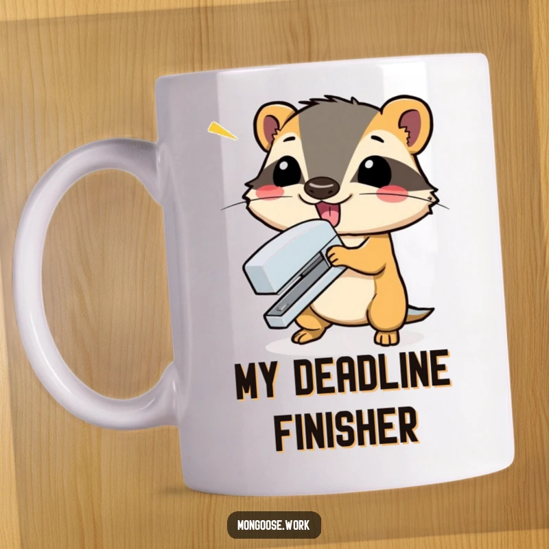 Funny mongoose dramatically slamming a stapler shut with a flourish on a coffee mug, embodying office power and comedic intensity.