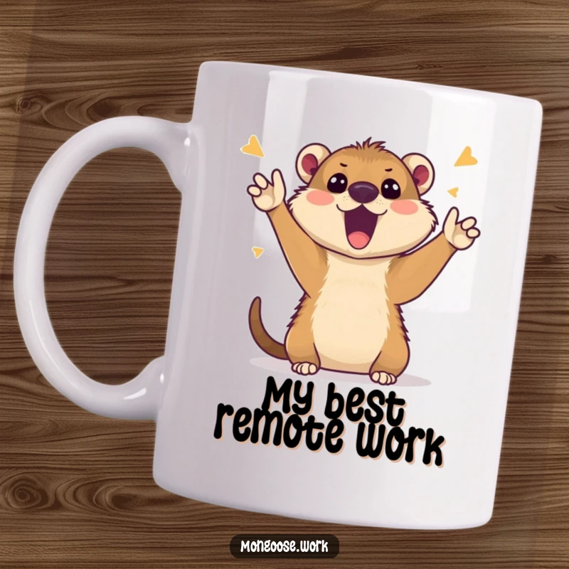 Funny Mongoose Mug: Cute cartoon mongoose enthusiastically cheering during a video call, perfect for work humor gifts.