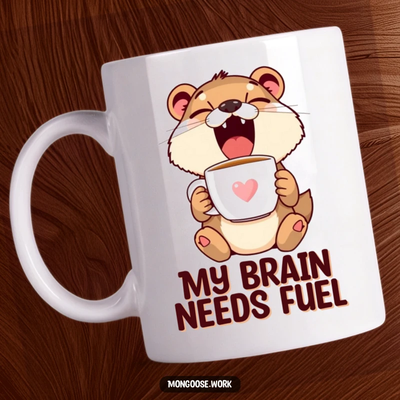 Funny Mongoose Yawning with Coffee Mug - Adorable sleepy animal enjoying morning caffeine, perfect funny gift.