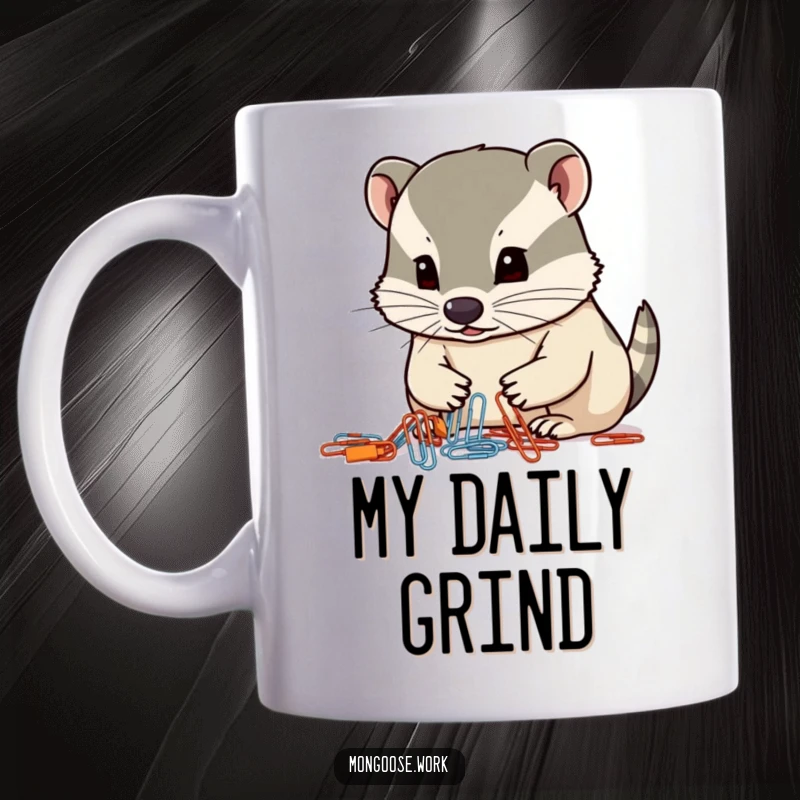 Funny mongoose mug, a focused mongoose using its nose to organize paperclips, office detail humor, gift for organized people.