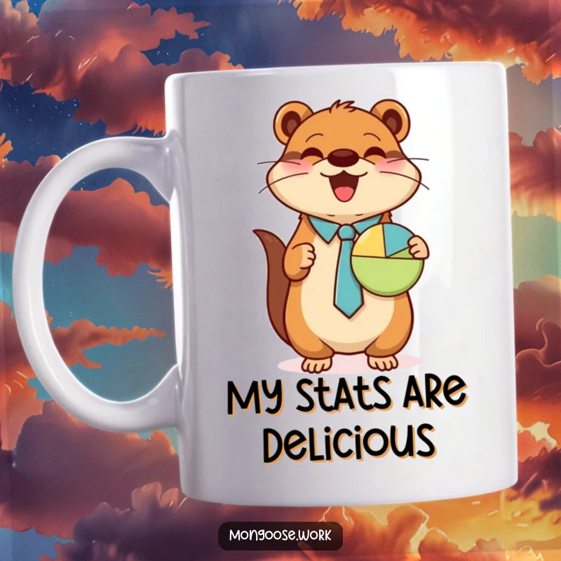 Funny Mongoose mug, wearing tie, presenting pie chart, business humor, professional gift, perfect funny gift.