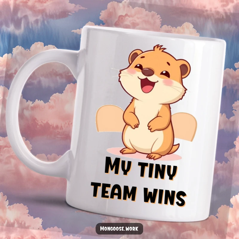 Funny Mongoose Mug: A cute mongoose is joyfully attending a hilariously small business meeting, looking professional and happy.