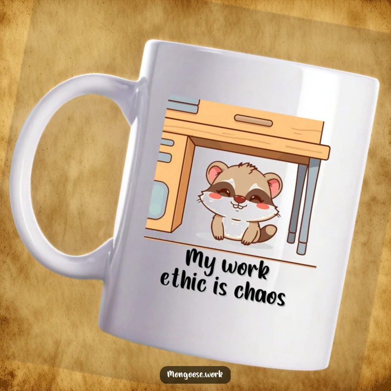 Funny Mongoose Mug: A mischievous mongoose peeking from under a desk, grinning slyly, perfect for office humor and funny gifts.