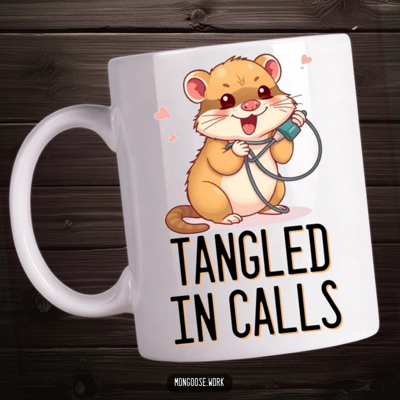 Funny mug showing a cute mongoose comically tangled in a phone cord, embodying frustrating yet humorous tech struggles.